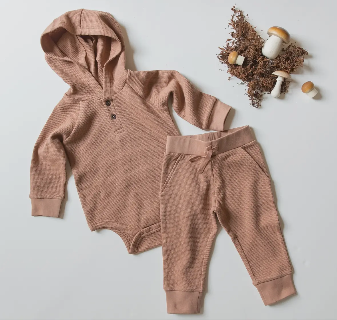 Organic waffle hooded onesie
